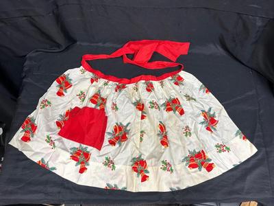 Vintage Christmas Holiday Holly and Bells Half Apron Tie Waist with Pocket