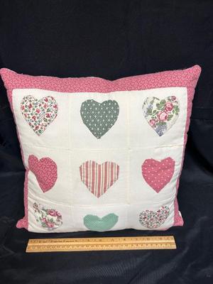 Shabby Chic Cottagecore Heart Patchwork Applique Throw Accent Pillow
