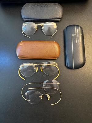 LOT 134. THREE PAIR OF VINTAGE EYE GLASSES WITH 12K GOLD FILLED FRAMES
