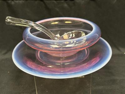 Fostoria Seascape Opaque White to Pink Opalescent Glass Relish Bowl Dish with Matching Plate and Spoon