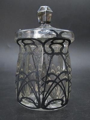 Antique A.H. Heisey & Co. Pressed-Cut Glass Condiment Jar with Sterling Overlay c.1920