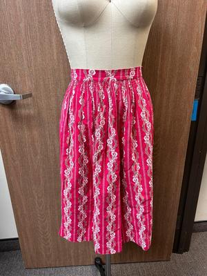 Vintage Knee Length Half Apron Tie Waist Red with Green and White Floral Print