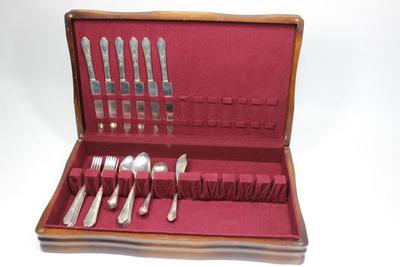 Vintage Gee Esco Plate Flatware Set Pieces with Wooden Display Organizing Box