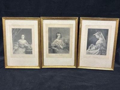 Set of Three Solo Portrait Engraving Prints of Victorian Elizabethan Women
