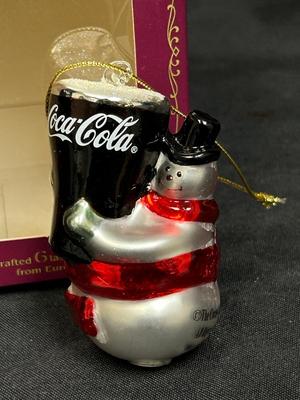 Miniature Small Blown Glass Coca-Cola Snowman Christmas Holiday Figurine Ornament
