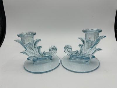 Pair of Pale Blue Fostoria Baroque Glass Candelabra Candle Holders