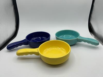 Navy Blue Turquoise Sunshine Yellow Single Handle Chili Soup Bowls Franciscan Ware California Pottery
