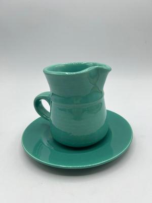 Vintage Metlox Poppy Trail California Pottery Blue Green Turquoise Small Pitcher and Saucer Drip Plate