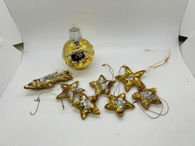 Silver and Gold Sequined Stars & Fish Christmas Holiday Tree Ornaments with Glass Ball Shaped Bottle