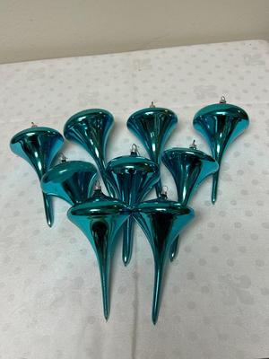 Vintage West Germany Blown Glass Turquoise Blue Spin Top Shaped Christmas Holiday Tree Ornaments