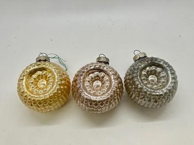 Set of Three Blown Glass Christmas Holiday Tree Ornaments Dimpled Indented Metallic Finish Shiny Brite