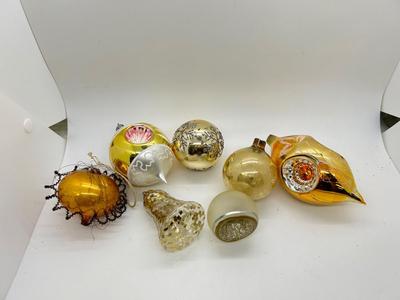 Mixed Lot of Vintage Gold Tone Blown Glass Christmas Holiday Tree Ornaments