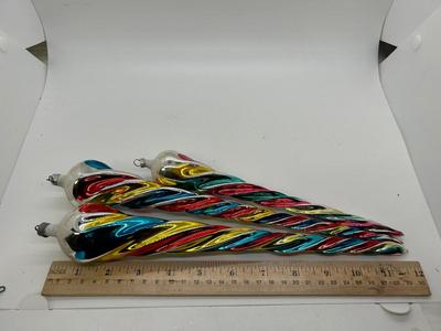 Set of Three Vintage Colorful Twisted Icicle Blown Glass Christmas Holiday Tree Ornaments
