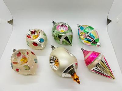 Lot of 6 Colorful Blown Glass Christmas Holiday Tree Ornaments Large Indent Spin Top Polka Dot