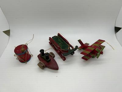 Vintage Rustic Wooden Plane, Drum, Sled Toy Christmas Tree Ornaments
