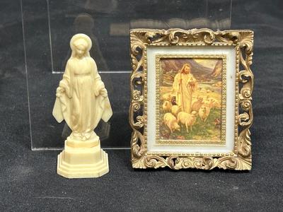 Pair of Miniature Small Religious Spiritual Figurines Frame Jesus with Flock of Sheep and Plastic Virgin Mary