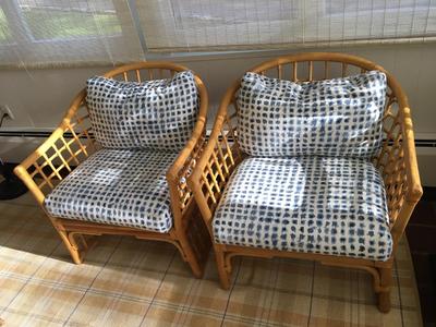 Pair of Boho Chic Barrel back bamboo arm chairs
