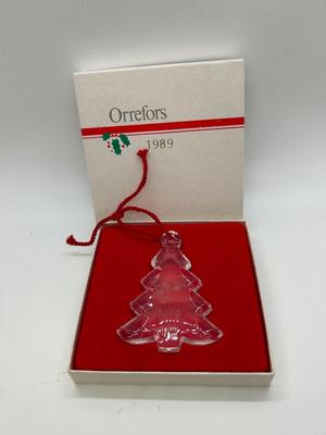 Vintage Orrefors 1989 Art Glass Tree Ornament with Original Box