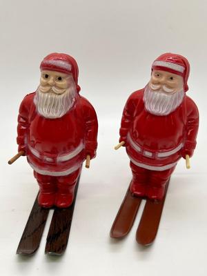 Pair of Vintage Irwin Celluloid Santa Claus on Skis Christmas Holiday Decor Figurines