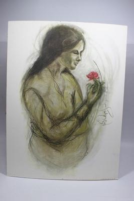 Vintage Heritage Publications 1972 Art Print Sketch of Woman with Red Flower