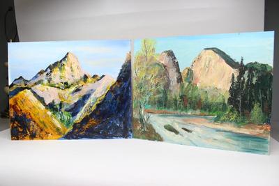 Vintage Hard Thin Canvas Impressionist Rocky Mountain Valley & Nature Riverbed Scenery Landscape Oil Paintings
