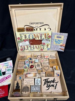 Mixed Lot of Rubber Stamps and Ink Pads in Vintage Wooden Wine Box