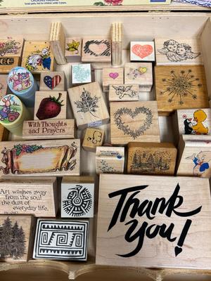 Mixed Lot of Rubber Stamps and Ink Pads in Vintage Wooden Wine Box