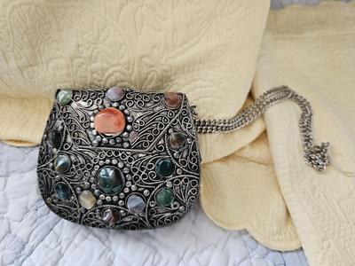Small silver toned and bejeweled bag