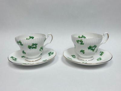 Pair of Vintage Royal Dover Fine Bone China Shamrock Clover Pattern Teacup and Saucer