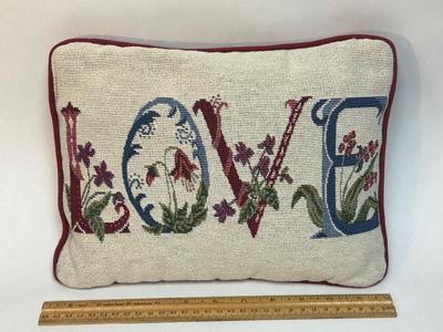 Small Red and Blue Tapestry Stitched Love Accent Throw Pillow
