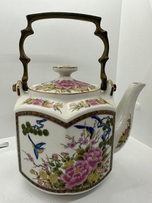 HOMCO Vintage Hand Painted Japanese Porcelain Teapot w/ Brass Handle
