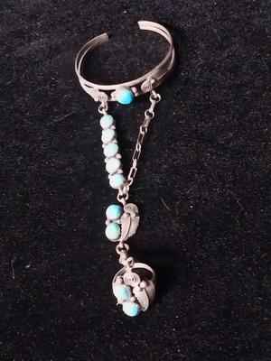 NAVAJO STERLING AND TURQUOISE SQUASH BLOSSOM SLAVE CUFF RING BRACELET