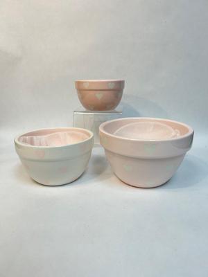 Small Nesting Mixing Bowl Set Pink and White Heart Pattern Terramoto Ceramic
