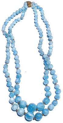 Antique Graduating Double Strand Aquamarine Crystal & 14K Gold Bead Necklace