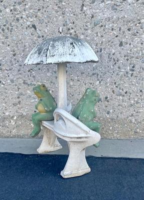 Pair of Frogs Sitting on a Bench Under Umbrella Concrete Garden Yard Art