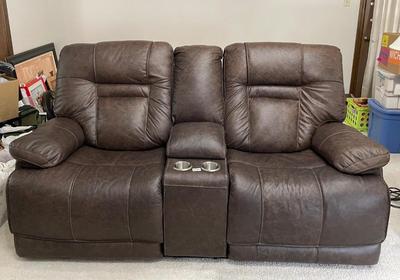 Brown Leather Love Seat with Power & USB Port