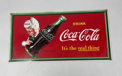 Vintage Coca-Cola Sign with Sprite Boy Holding Coke Bottle Painted Steel Rectangular Advertisement