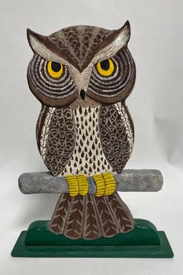 Handcrafted Wooden Painted Owl Bird Figure Statue Free-Standing