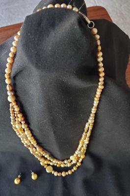 Colored Pearls - 3 strand necklace and pierced earrings set