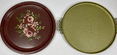 2 Mid Century Metal serving trays Toll Painted flowers and Moire Glaze Avocado green handled
