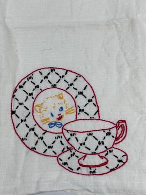 Vintage Hand Embroidered Kitten Cat on Saucer Teacup Tea Dish Towel