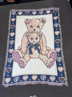 Cute Teddy Bear Heart Throw Lap Blanket Fringed Edge 1994