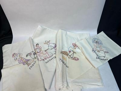 Lot of Four Vintage Days of the Week Tea Towels Embroidered Senor and Senorita Patterns