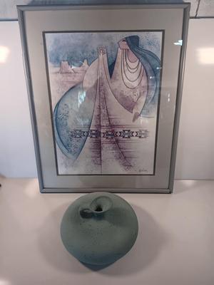 Framed Stunning art print by: G. E. Mullan Squash Blossom Blanket with pottery piece