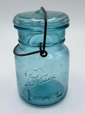 Vintage Pale Blue Ball Ideal Glass Wide Mouth Canning Jar with Wire Latch
