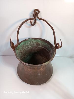 Large Primitive Antique Hammered Hanging Copper Pot Cauldron Kettle w/Iron hook Handle