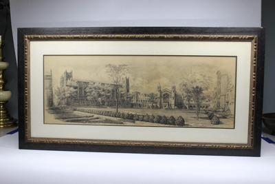 Vintage Framed Panoramic Art Sketch Print of Campus