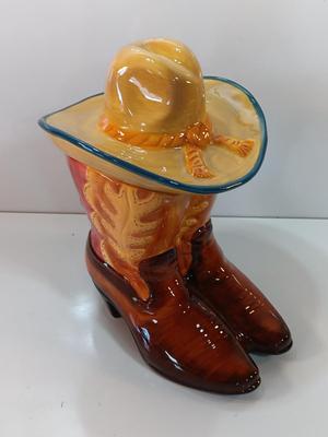 Cowboy boots and hat ceramic cookie jar