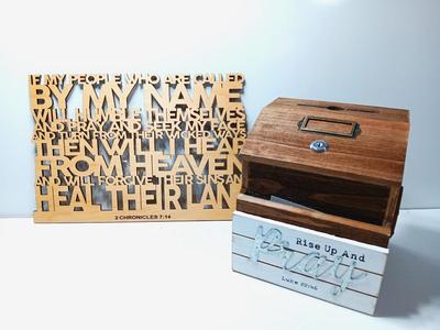 2 Chronicles 7:14 cut out wooden sign wall art and a wooden locking prayer box (no key)