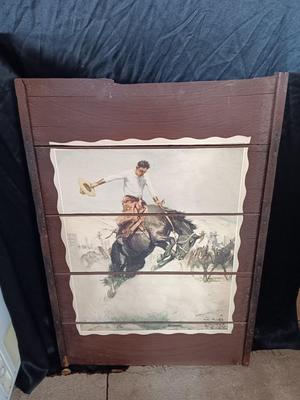Large Wilhelm Heinrich Detlev KÃ¶rner - Bucking print artwork on Vintage Wood Bronc Horse Rider